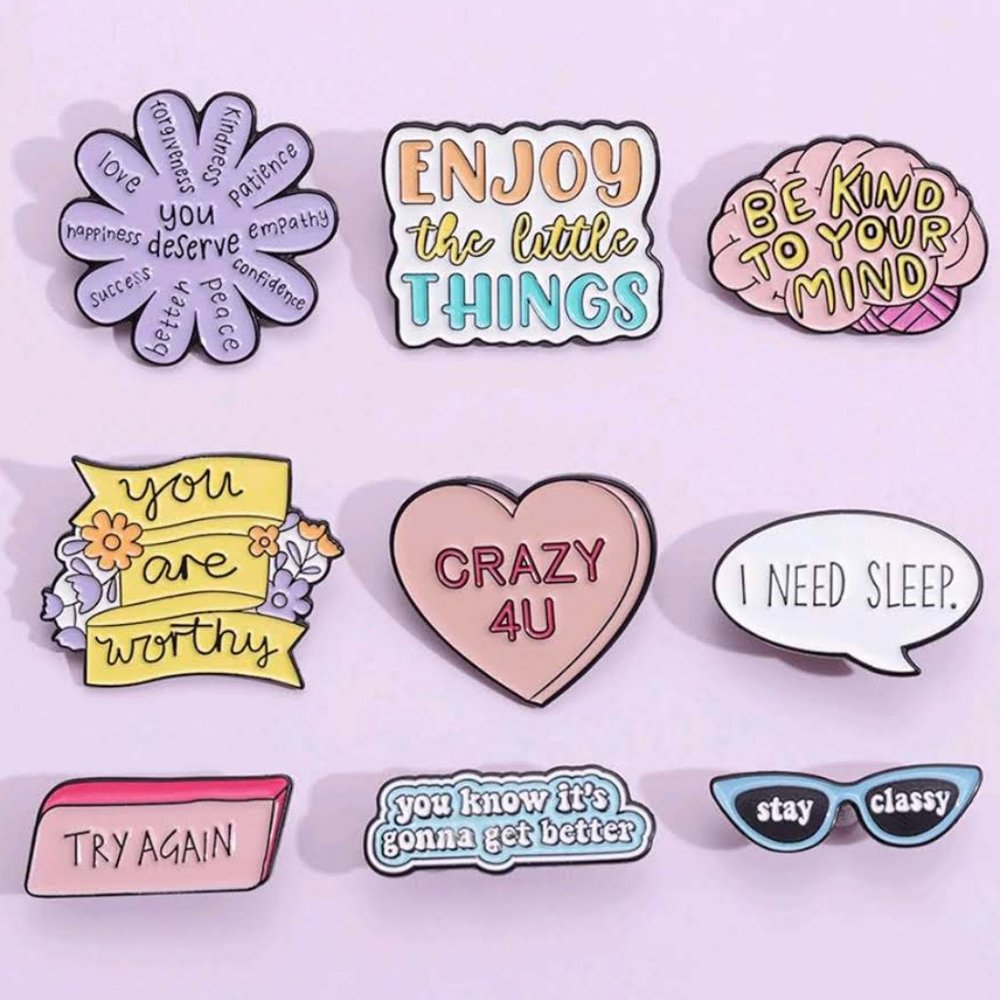 Set of 9 different pins multicolor motivation and inspiration perfect for a gift